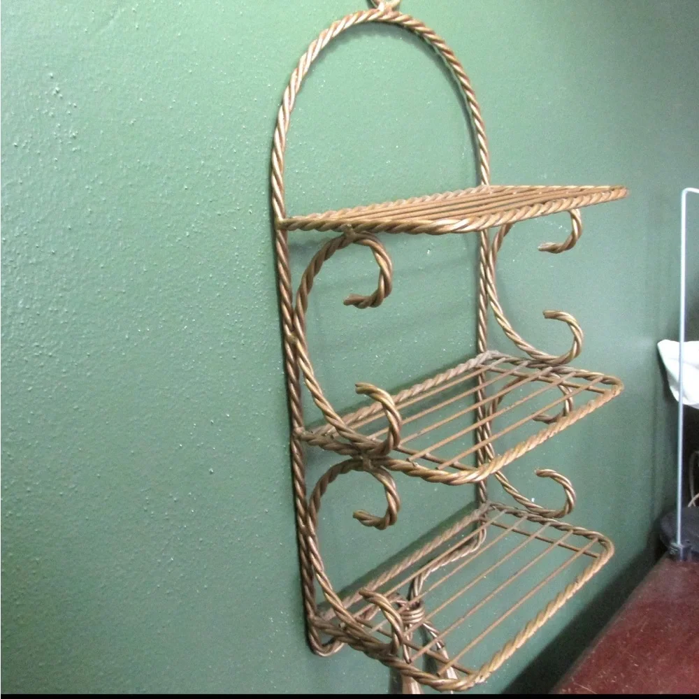 Wire Shelf 3 Tiered Vintage Gold Bow Twisted Wall Hanging